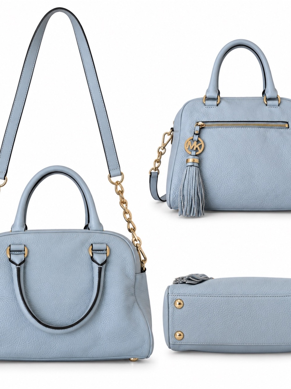 Michael Kors Knox Medium Baby Blue Pebbled Leather Tassel Satchel